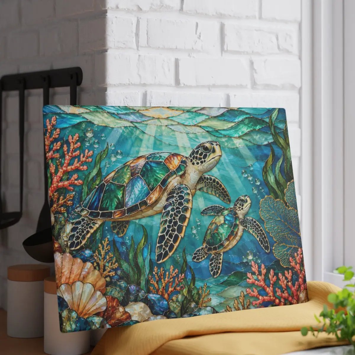Sea Turtle Cutting Board, Ocean Kitchen Decor, Marine Life Glass Chopping Board, Coastal Sea Turtle Gift, Coral Reef Kitchen Art Piece