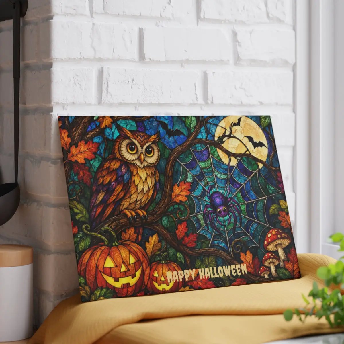 Halloween Owl Personalized Glass Cutting Board, Spooky Spider Kitchen Decor