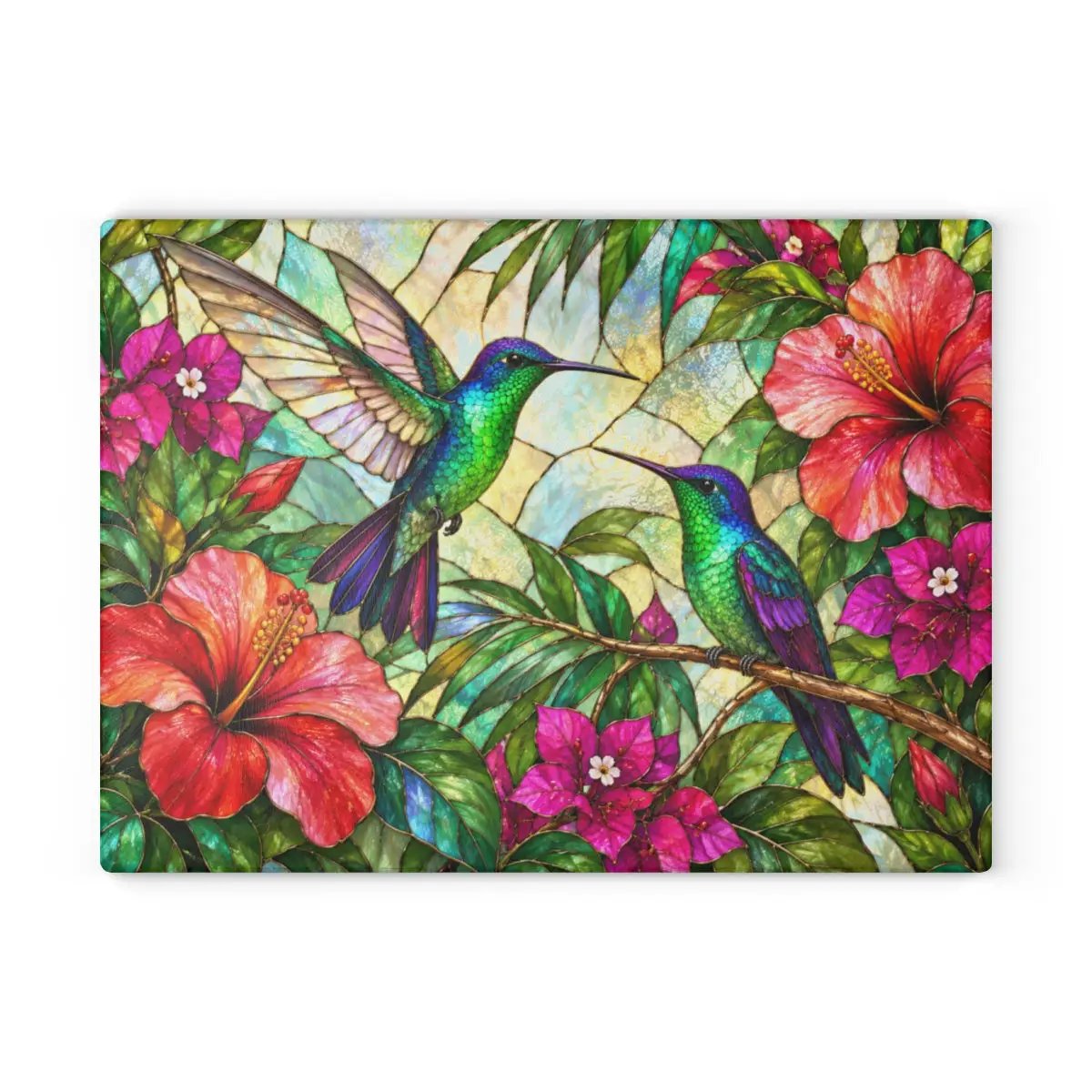 Hummingbird Cutting Board, Stained Glass Bird Decor, Tropical Hibiscus Kitchen Decor, Colorful Hummingbird Gift, Nature Lover Gift