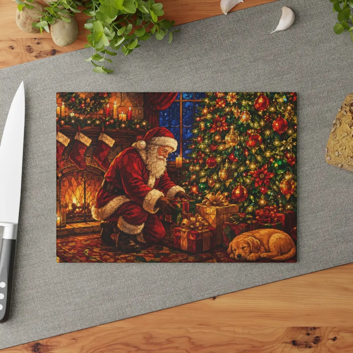Santa Christmas Glass Cutting Board, Santa and Puppy Kitchen Decor, Christmas Eve Serving Board, Stained Glass Holiday Gift, Santa Decor