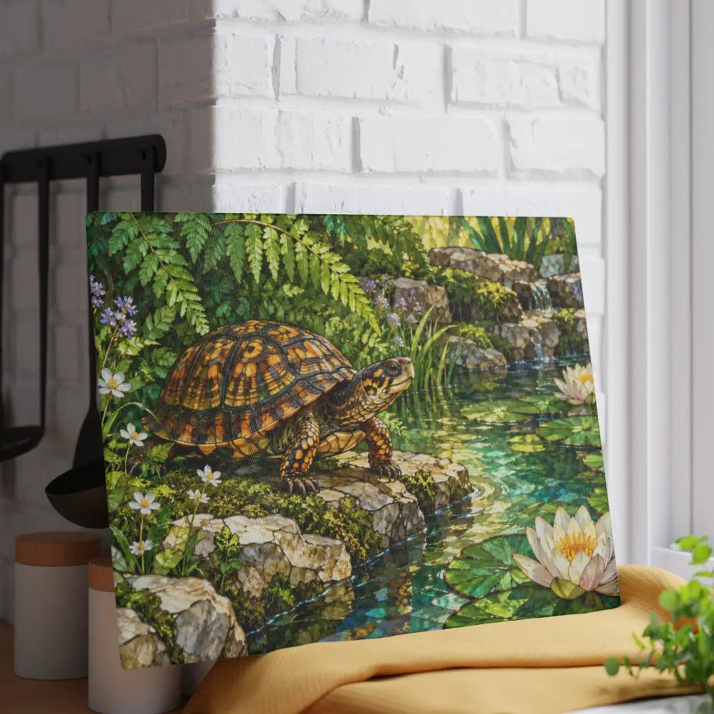 Box Turtle Glass Cutting Board, Pond Nature Kitchen Decor, Reptile Lover Gift, Wildlife Chopping Board, Decorative Tempered Glass Board