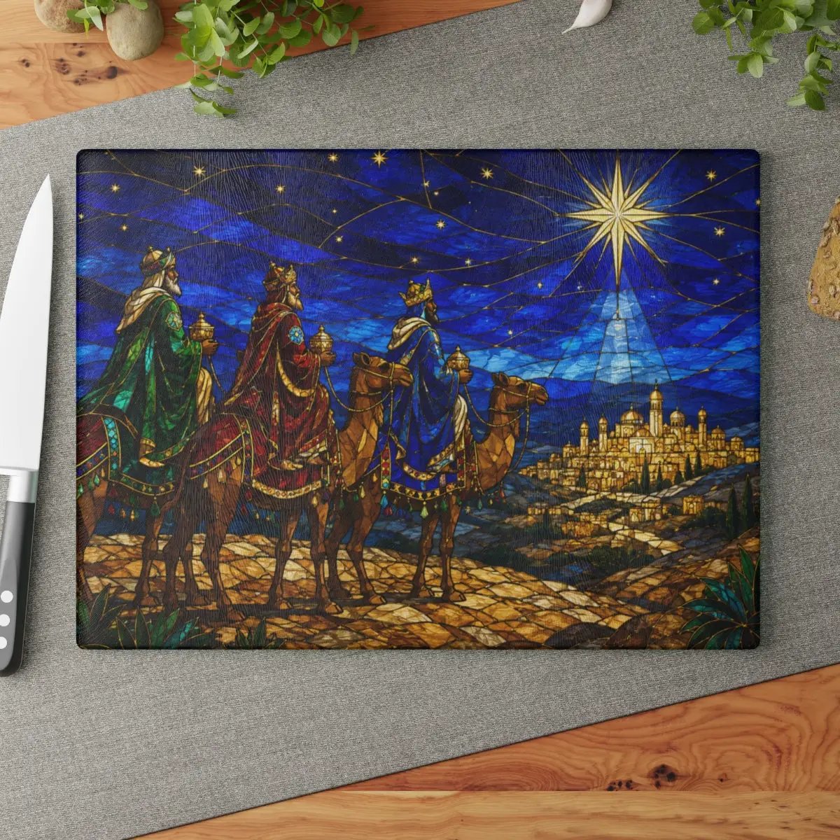 Three Wise Men Glass Cutting Board, Christian Christmas Gift, Magi Star of Bethlehem Decor, Religious Christmas, Stained Glass Art