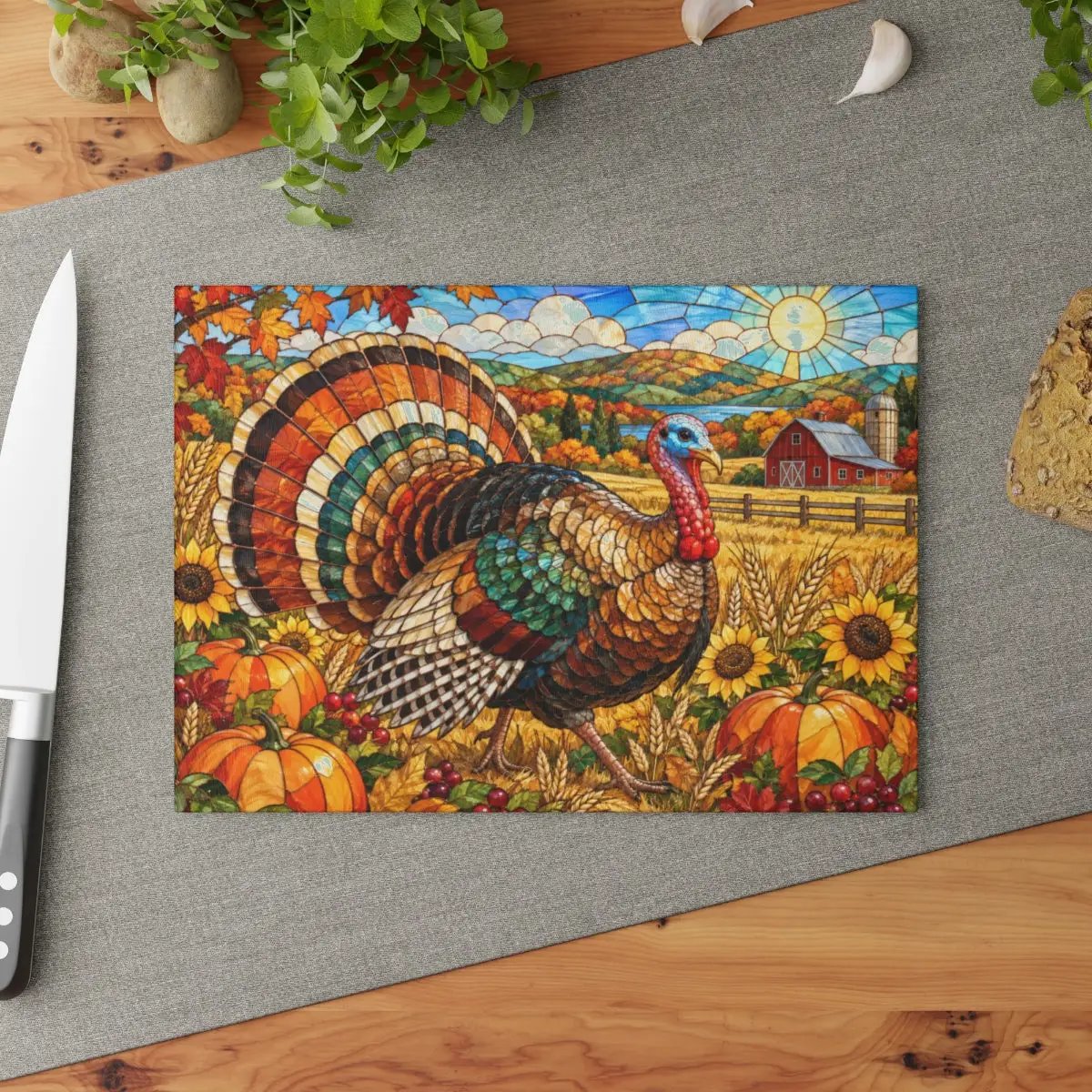 Thanksgiving Turkey Glass Cutting Board, Farmhouse Fall Kitchen Decor, Harvest Turkey Chopping Board, Autumn Hostess Gift