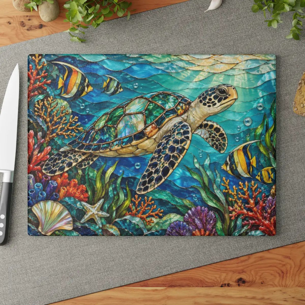 Sea Turtle Reef Glass Cutting Board, Ocean Kitchen Decor, Underwater Coral Sea Life Chopping Board, Coastal Housewarming Gift Idea