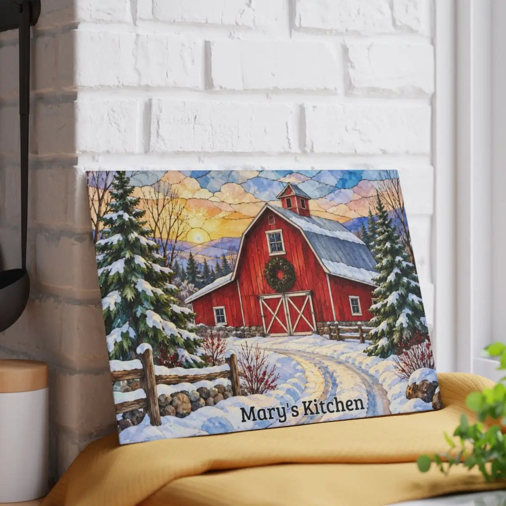Winter Red Barn Glass Cutting Board, Snowy Country Road Farmhouse Kitchen Decor, Rustic Christmas Barn Gift