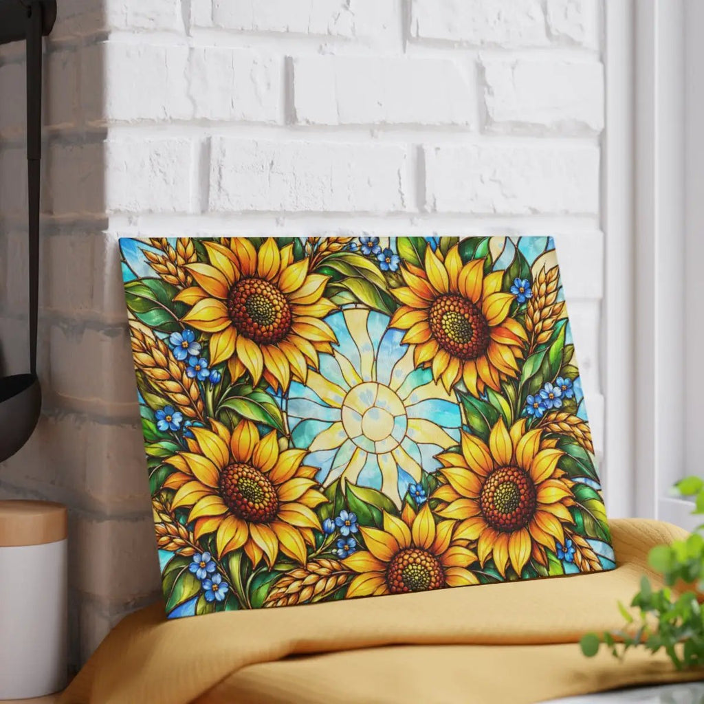 Sunflower Glass Cutting Board, Stained Glass Sunflower Wreath, Floral Kitchen Decor, Yellow Flower Gift, Cheerful Kitchen Art