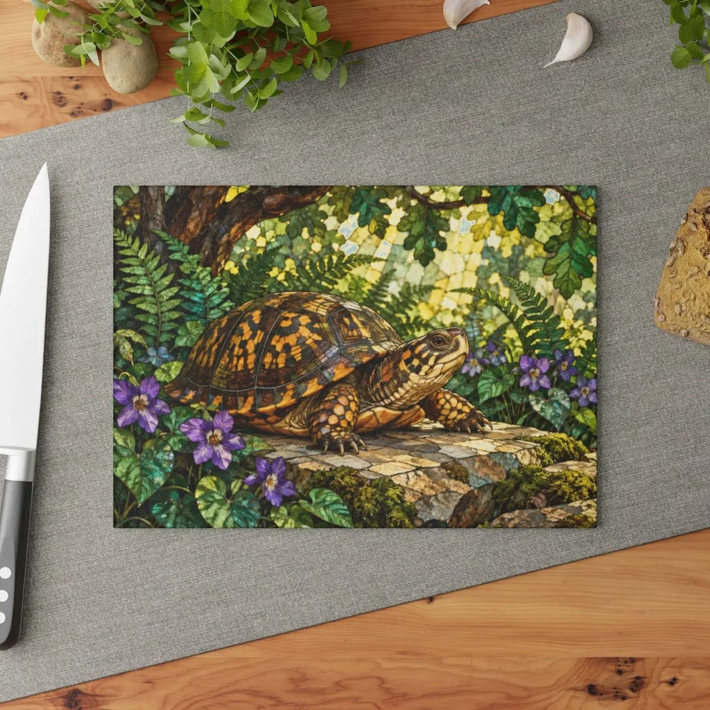 Box Turtle Cutting Board, Woodland Nature Kitchen Decor, Tempered Glass Chopping Board, Turtle Lover Gift, Forest Animal Kitchen Art