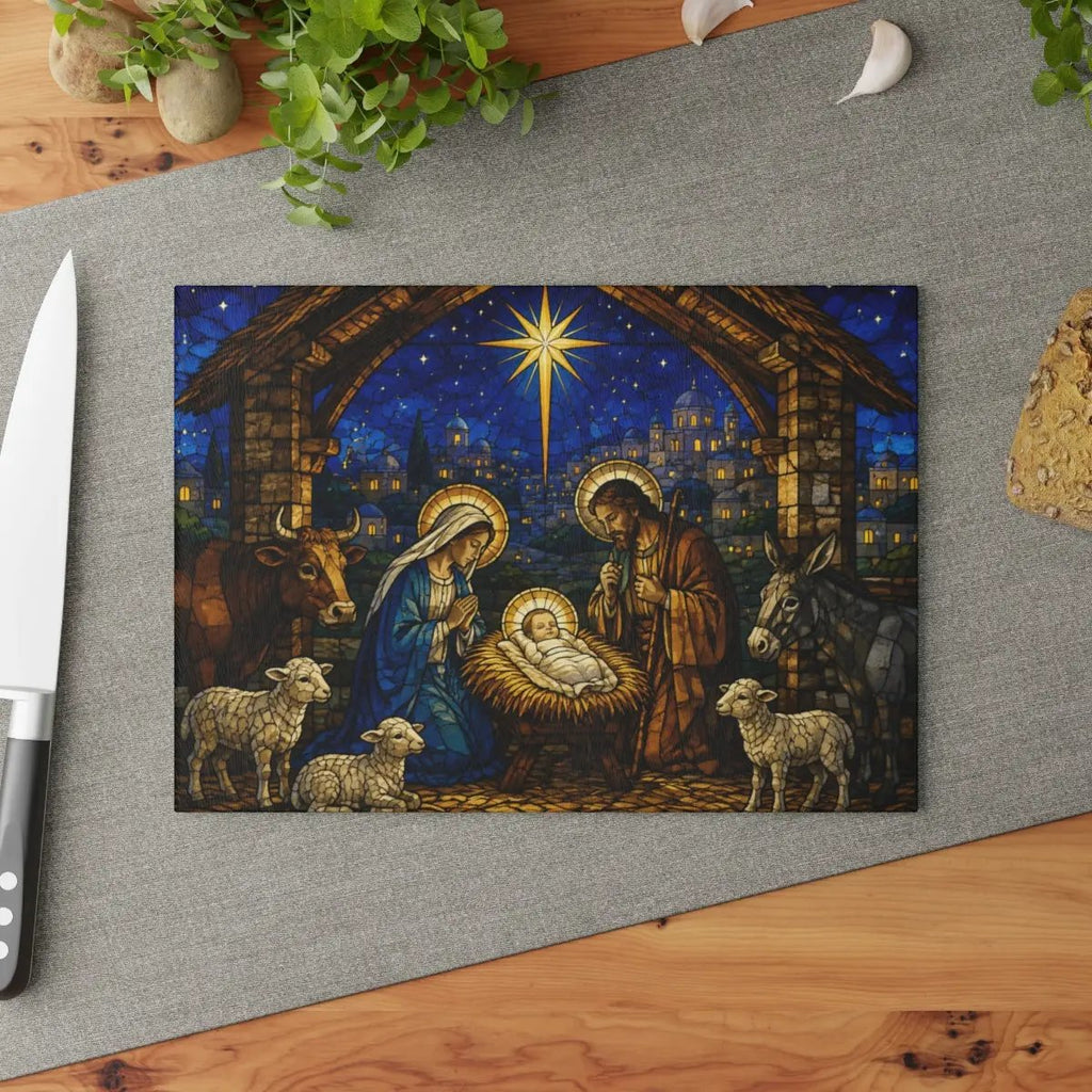 Nativity Glass Cutting Board, Stained Glass Christmas Decor, Holy Family Christian Kitchen Gift, Religious Christmas Cutting Board