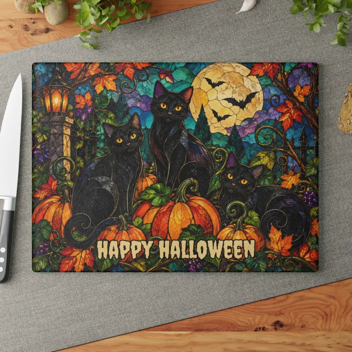 Halloween Black Cats Personalized Glass Cutting Board, Spooky Pumpkin Kitchen Decor