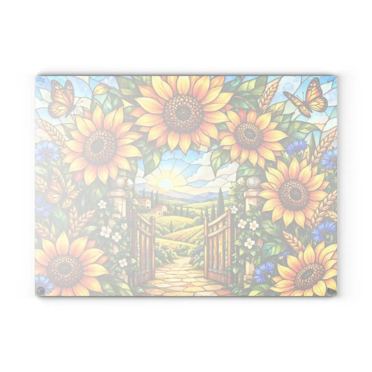 Sunflower Glass Cutting Board, Garden Gate Kitchen Decor, Stained Glass Floral Art, Sunflower Housewarming Gift, Cottage Garden Decor