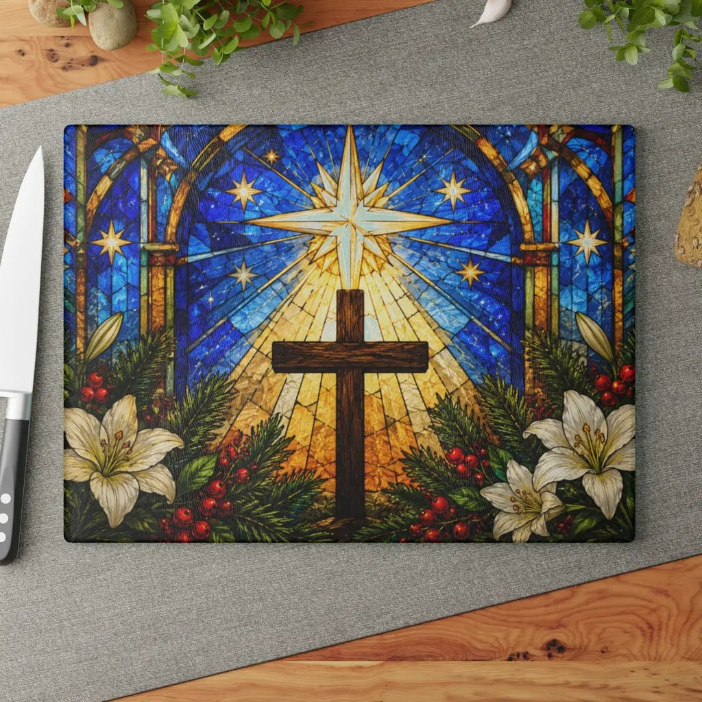 Christian Cross Glass Cutting Board, Stained Glass Christmas Decor, Religious Kitchen Gift, Star of Bethlehem Christian Gift
