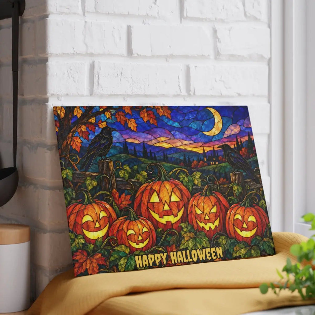 Halloween Jack O Lantern Personalized Glass Cutting Board, Spooky Pumpkin Patch Kitchen Decor
