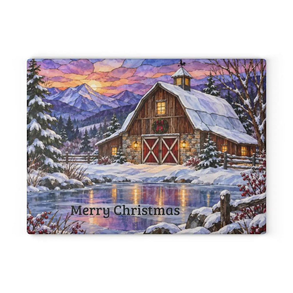 Evergreen Winter Barn Glass Cutting Board, Country Farmhouse Kitchen Decor, Snowy Mountain Barn Christmas Gift