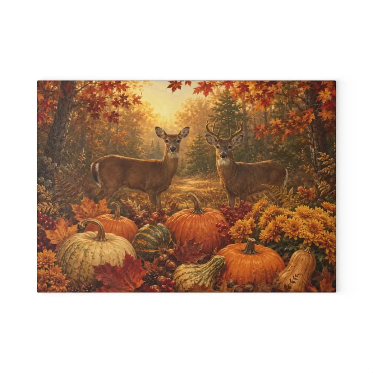 Deer Fall Glass Cutting Board, Rustic Woodland Kitchen Decor, Autumn Pumpkin Cutting Board, Hunter Cabin Gift