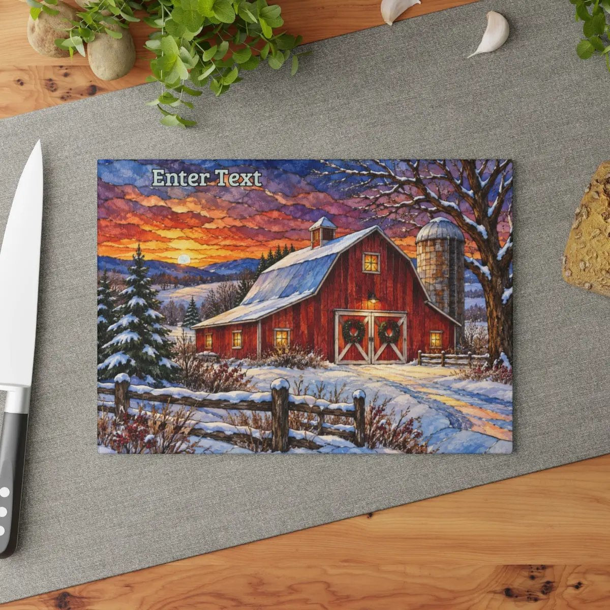 Winter Red Barn Glass Cutting Board, Country Christmas Kitchen Decor, Farmhouse Cutting Board, Rustic Winter Barn Gift
