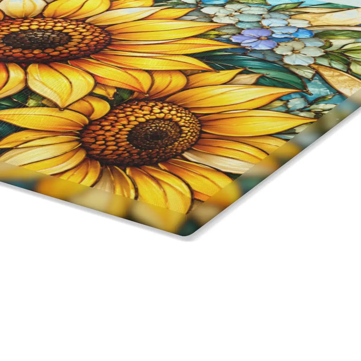 Sunflower Glass Cutting Board, Blue Hydrangea Kitchen Decor, Yellow Floral Cutting Board, Flower Lover Gift, Stained Glass Kitchen Art