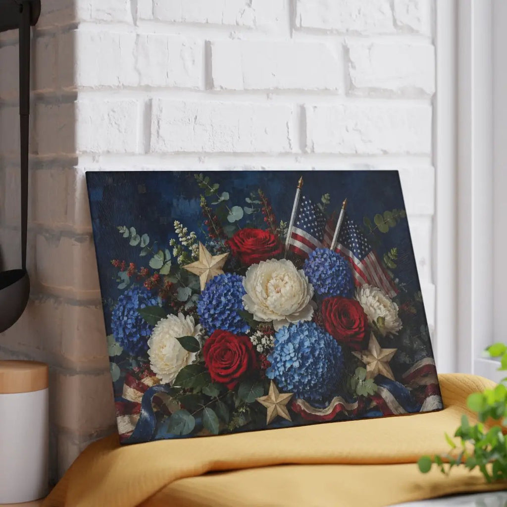 Patriotic Floral Cutting Board, American Flag Glass Cutting Board, Red White Blue Kitchen Decor, Americana Gift, 4th of July Decor