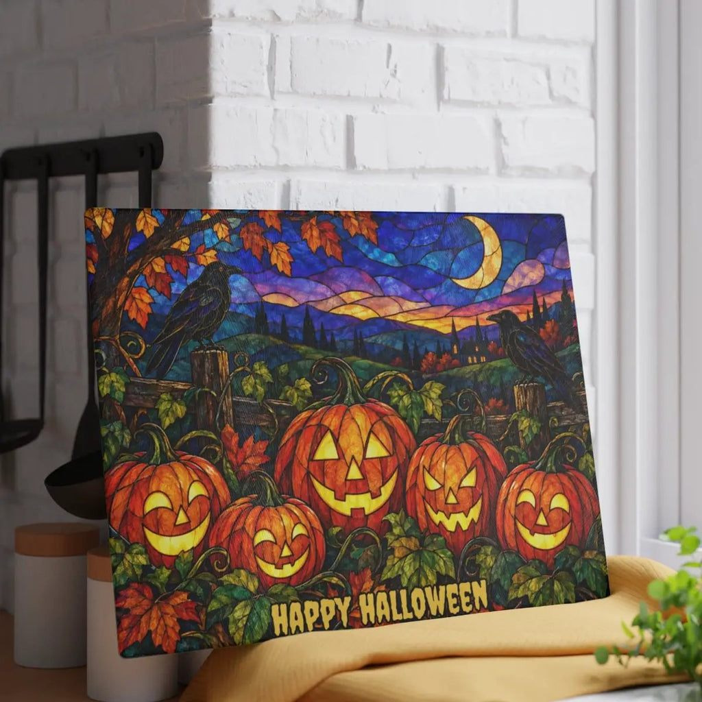 Halloween Jack O Lantern Personalized Glass Cutting Board, Spooky Pumpkin Patch Kitchen Decor