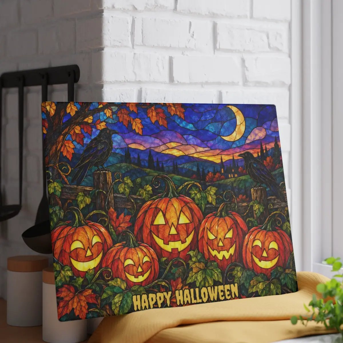 Halloween Jack O Lantern Personalized Glass Cutting Board, Spooky Pumpkin Patch Kitchen Decor
