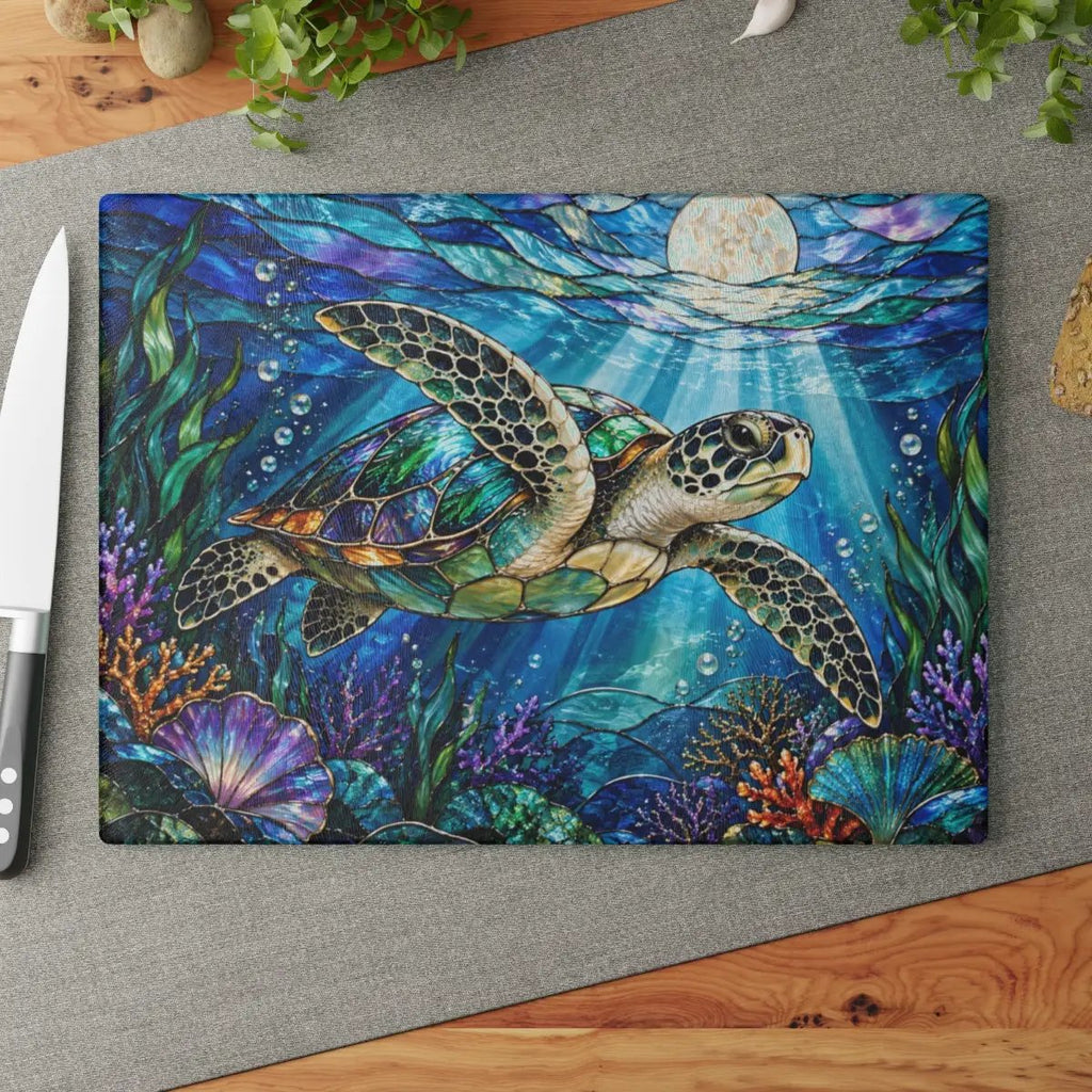 Sea Turtle Cutting Board, Ocean Kitchen Decor, Underwater Sea Life Chopping Board, Moonlit Marine Animal Gift, Coastal Kitchen Accent
