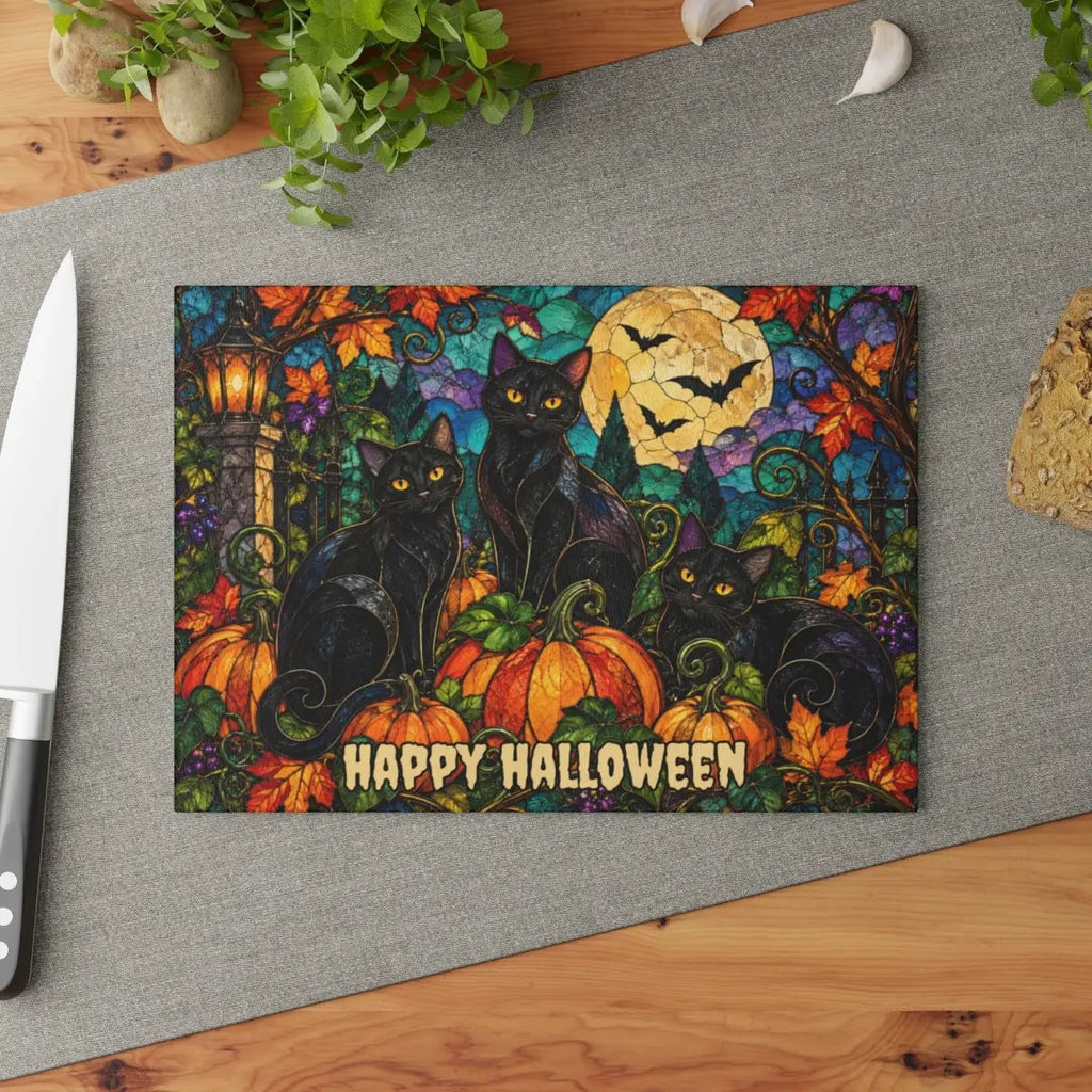 Halloween Black Cats Personalized Glass Cutting Board, Spooky Pumpkin Kitchen Decor