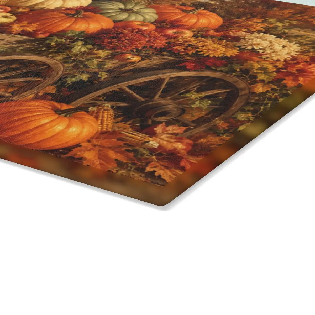 Fall Harvest Wagon Glass Cutting Board, Rustic Farmhouse Kitchen Decor, Pumpkin Cutting Board, Thanksgiving Gift