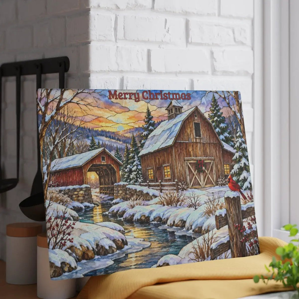 Cardinal Creek Winter Barn Glass Cutting Board, Red Cardinal Farmhouse Kitchen Decor, Country Christmas Gift