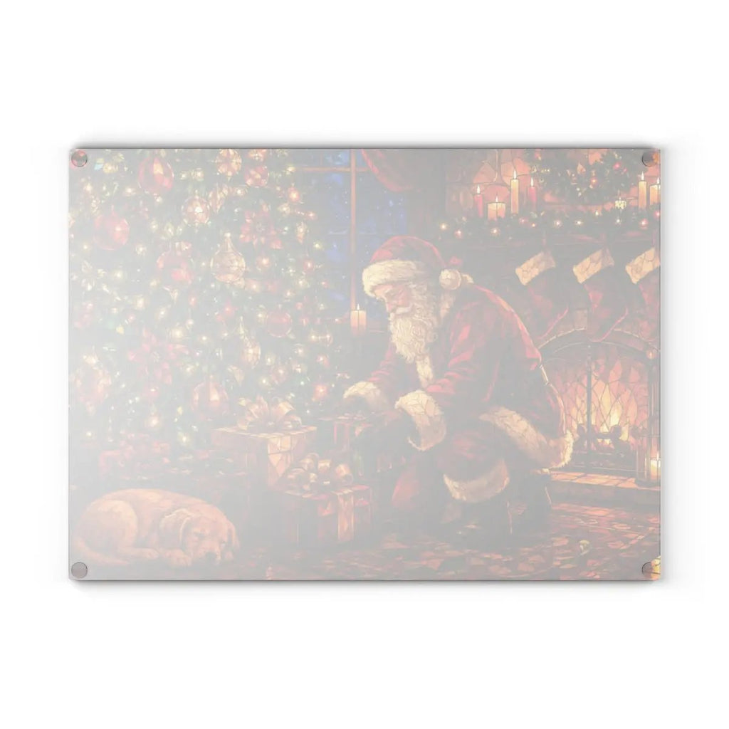 Santa Christmas Glass Cutting Board, Santa and Puppy Kitchen Decor, Christmas Eve Serving Board, Stained Glass Holiday Gift, Santa Decor