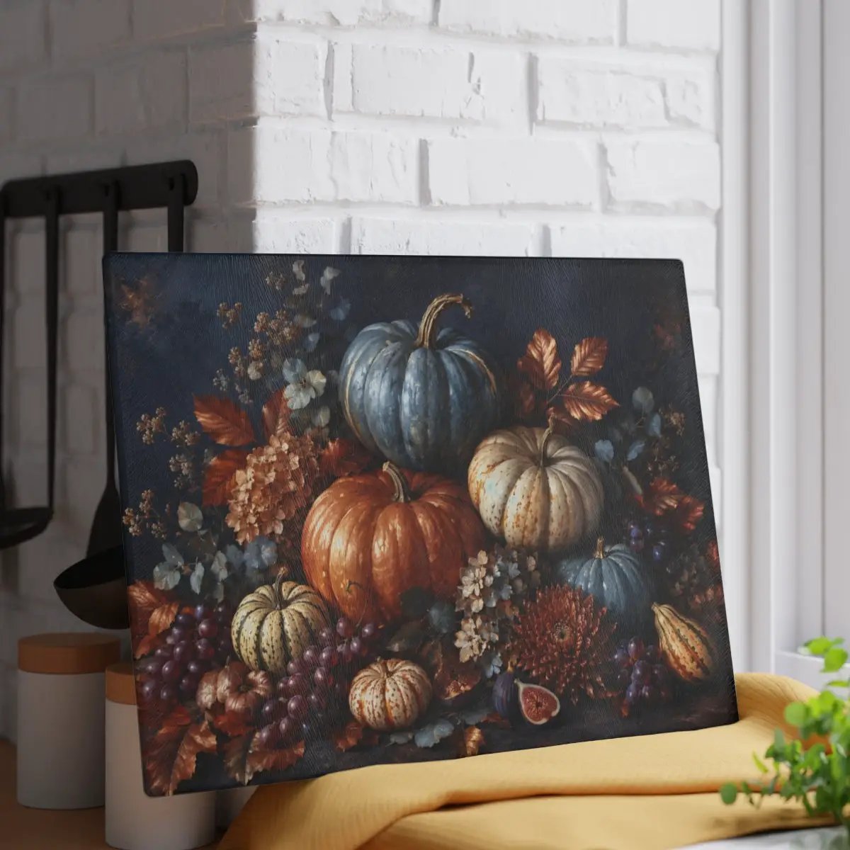 Blue Pumpkin Glass Cutting Board, Elegant Fall Kitchen Decor, Autumn Harvest Cutting Board, Thanksgiving Kitchen Gift