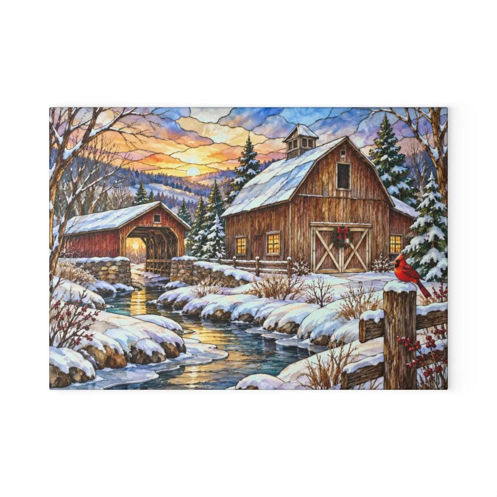 Personalized Winter Barn Cutting Board, Country Farmhouse Kitchen Decor, Stained Glass Farm Scene, Rustic Christmas Gift, Custom Family Gift