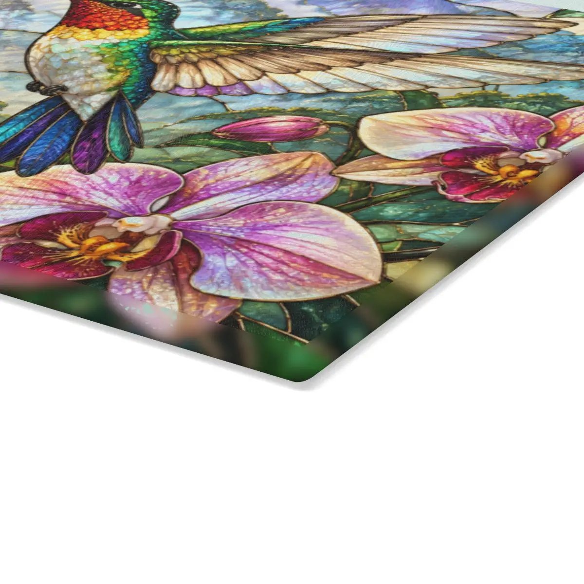 Hummingbird Cutting Board, Stained Glass Bird Decor, Tropical Orchid Kitchen Decor, Floral Hummingbird Gift, Nature Lover Gift