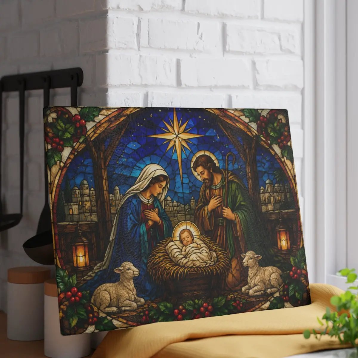 Nativity Glass Cutting Board, Christian Christmas Decor, Manger Scene Cutting Board, Religious Christmas Gift, Stained Glass Nativity
