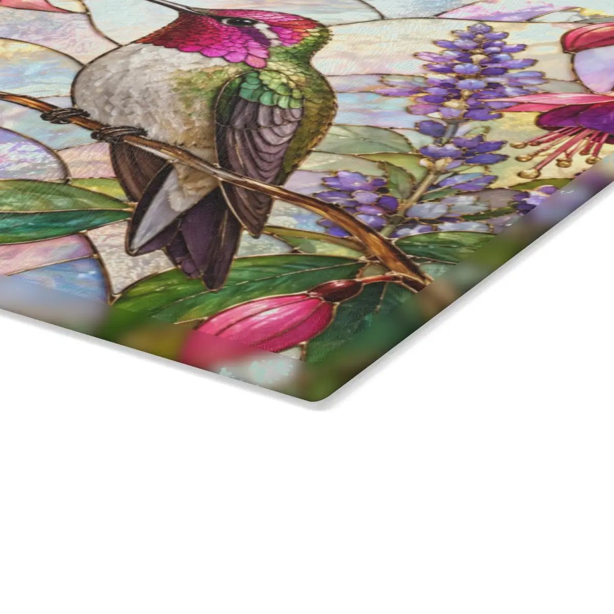Hummingbird Cutting Board, Stained Glass Hummingbird Decor, Fuchsia Flower Kitchen Decor, Bird Lover Gift, Garden Lover Gift