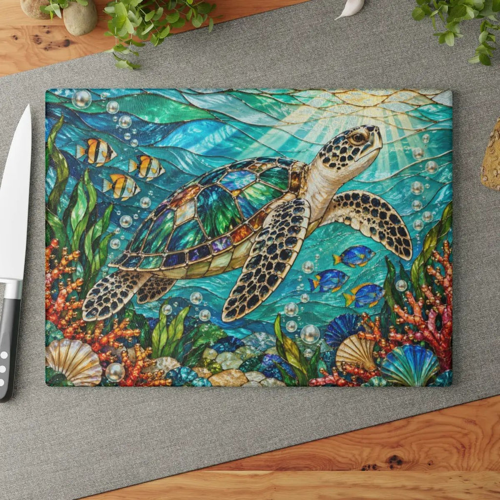 Sea Turtle Cutting Board, Ocean Kitchen Decor, Underwater Glass Chopping Board, Coastal Beach House Gift, Marine Life Kitchen Accent