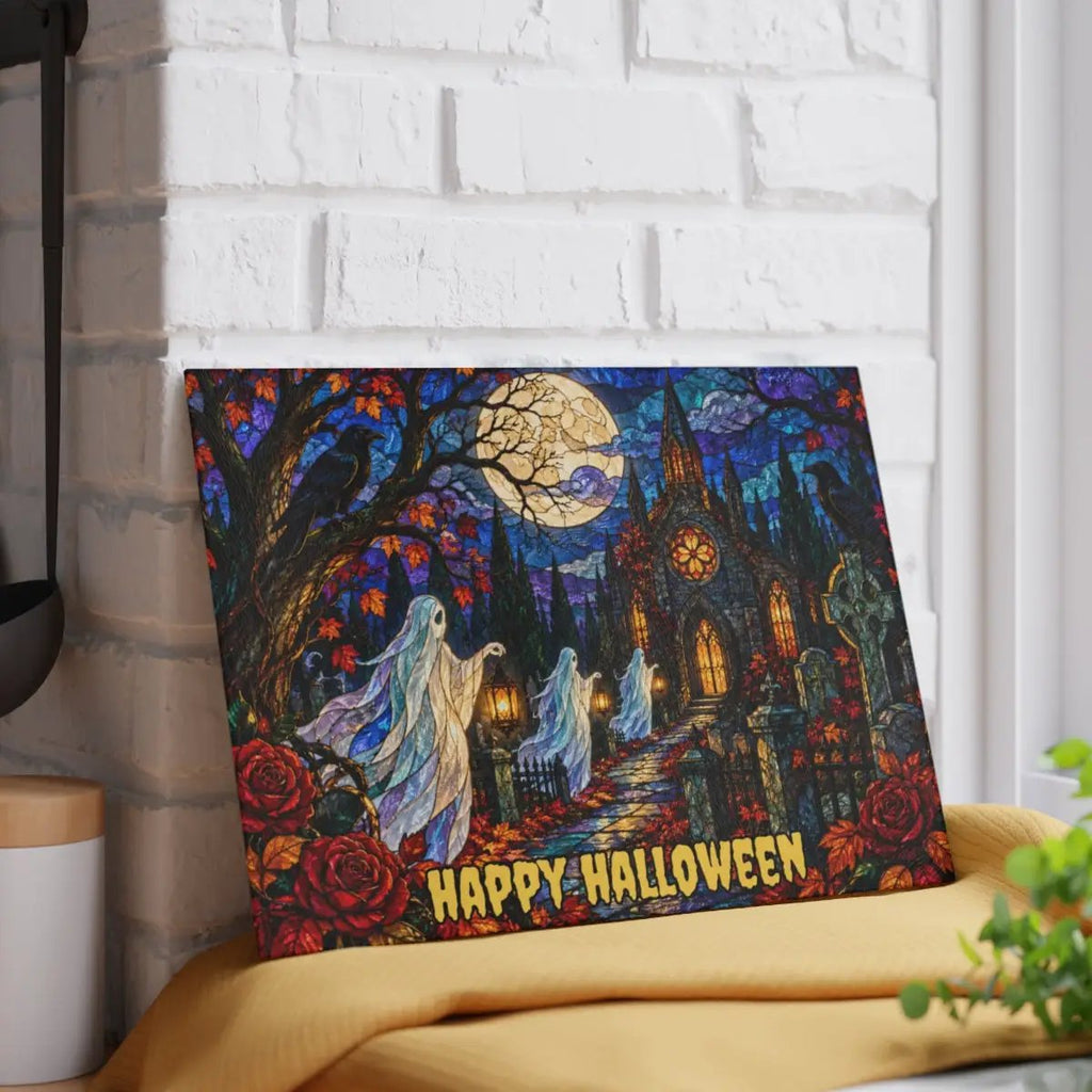 Halloween Ghost Personalized Glass Cutting Board, Haunted Graveyard Kitchen Decor