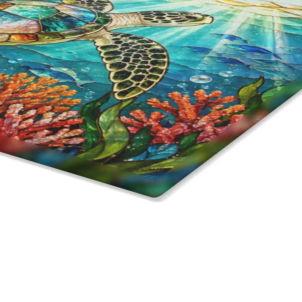 Sea Turtle Glass Cutting Board, Ocean Kitchen Decor, Marine Life Serving Board, Coastal Home Gift, Underwater Art Kitchen Accessory
