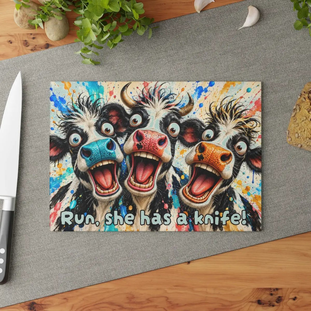 Funny Screaming Cow Glass Cutting Board, Colorful Cow Kitchen Decor, Cow Lover Gift, Funny Farmhouse Gift