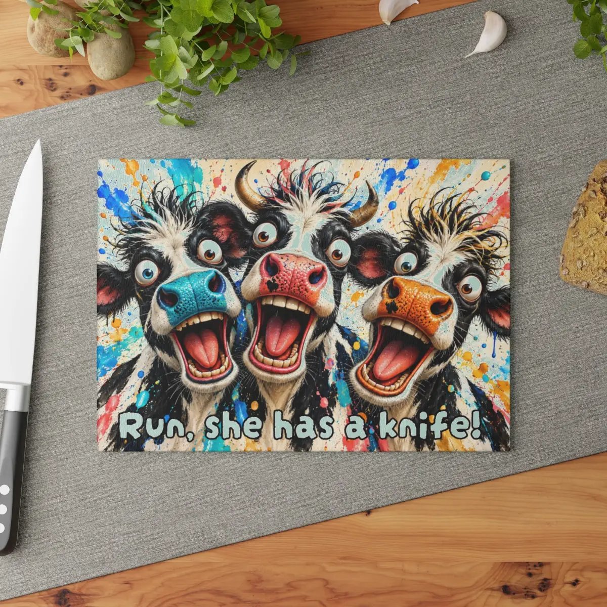 Funny Screaming Cow Glass Cutting Board, Colorful Cow Kitchen Decor, Cow Lover Gift, Funny Farmhouse Gift