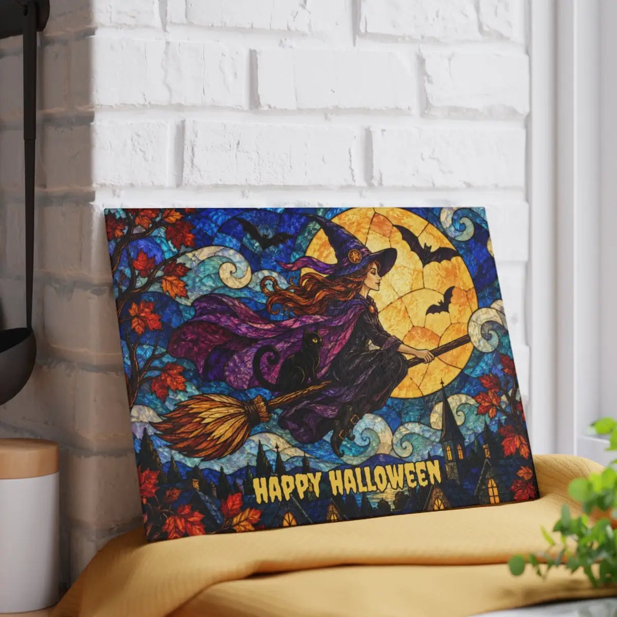 Halloween Flying Witch Personalized Glass Cutting Board, Spooky Pumpkin Kitchen Decor
