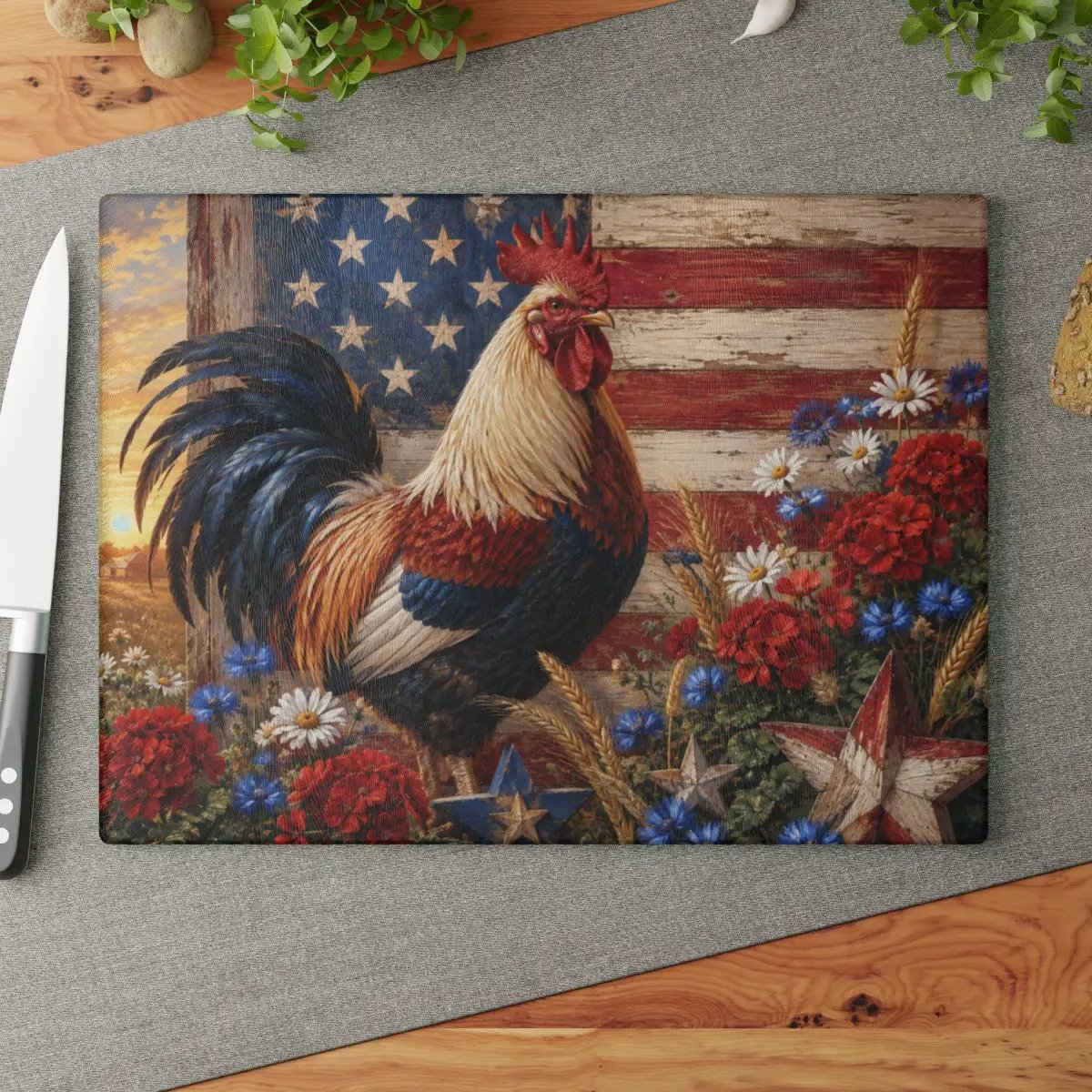 Patriotic Rooster Cutting Board, American Flag Glass Cutting Board, Farmhouse Kitchen Decor, Americana Rooster Gift, Country Kitchen