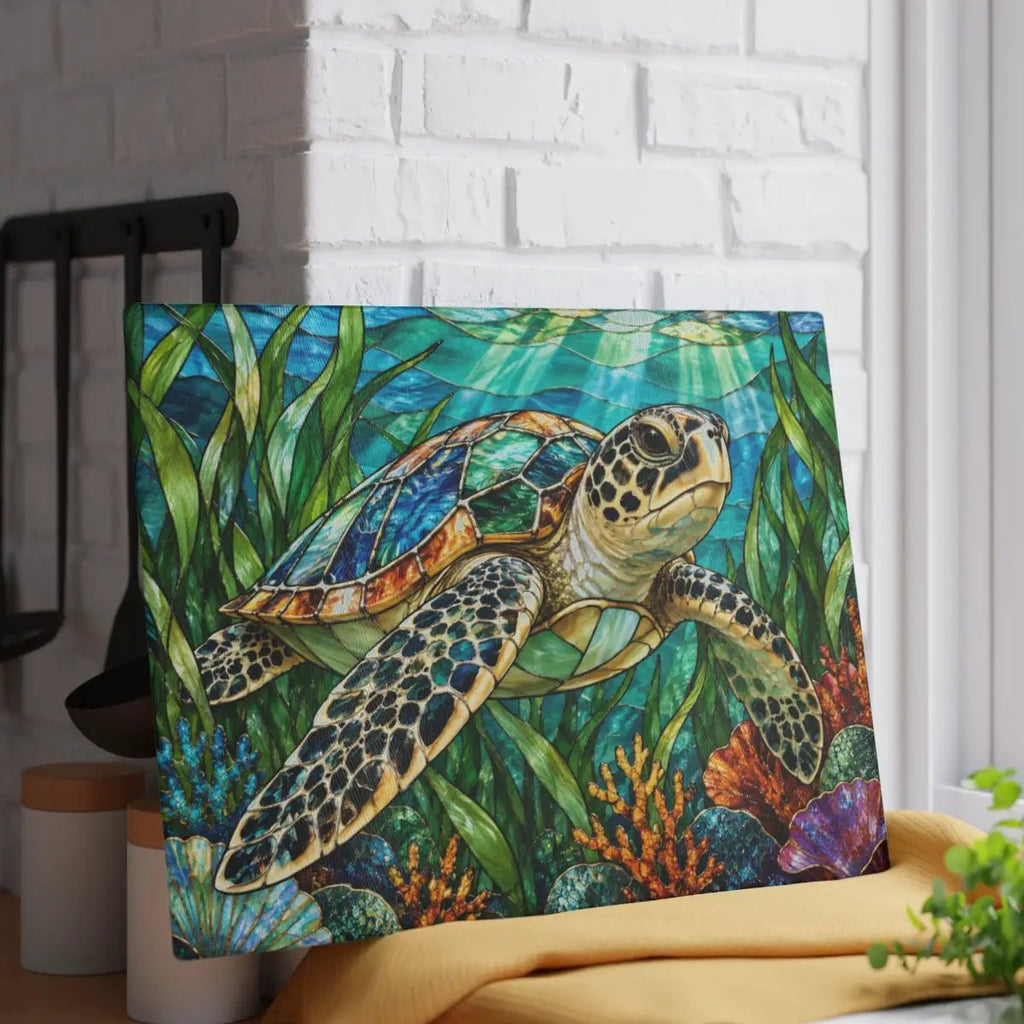 Sea Turtle Glass Cutting Board, Ocean Kitchen Decor, Marine Life Chopping Board, Coastal Cooking Gift, Underwater Turtle Artwork, Coral Reef