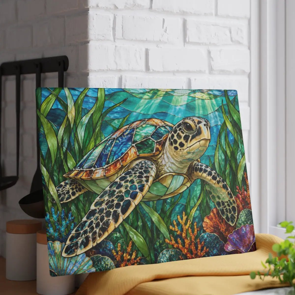Sea Turtle Glass Cutting Board, Ocean Kitchen Decor, Marine Life Chopping Board, Coastal Cooking Gift, Underwater Turtle Artwork, Coral Reef