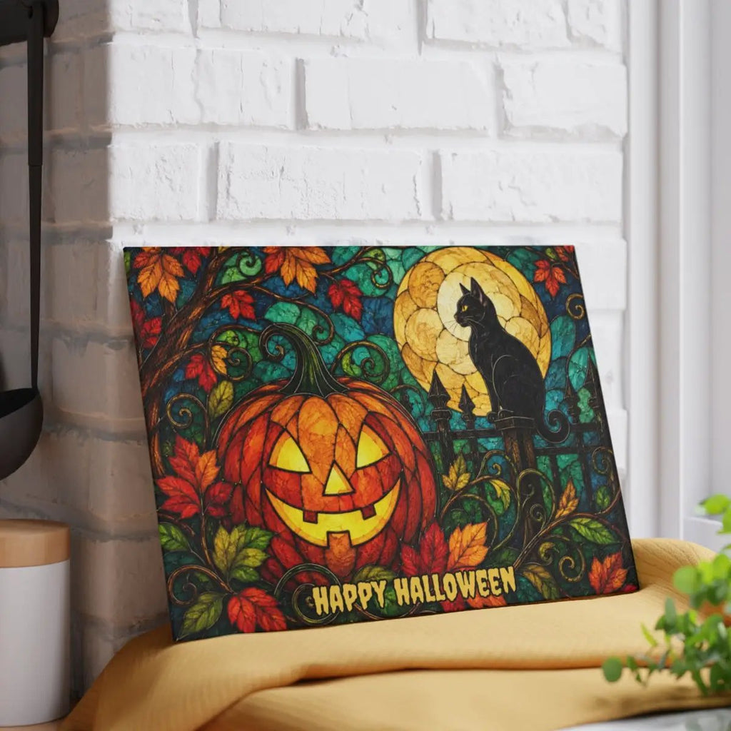 Halloween Black Cat and Jack-O-Lantern Personalized Glass Cutting Board, Spooky Pumpkin Kitchen Decor