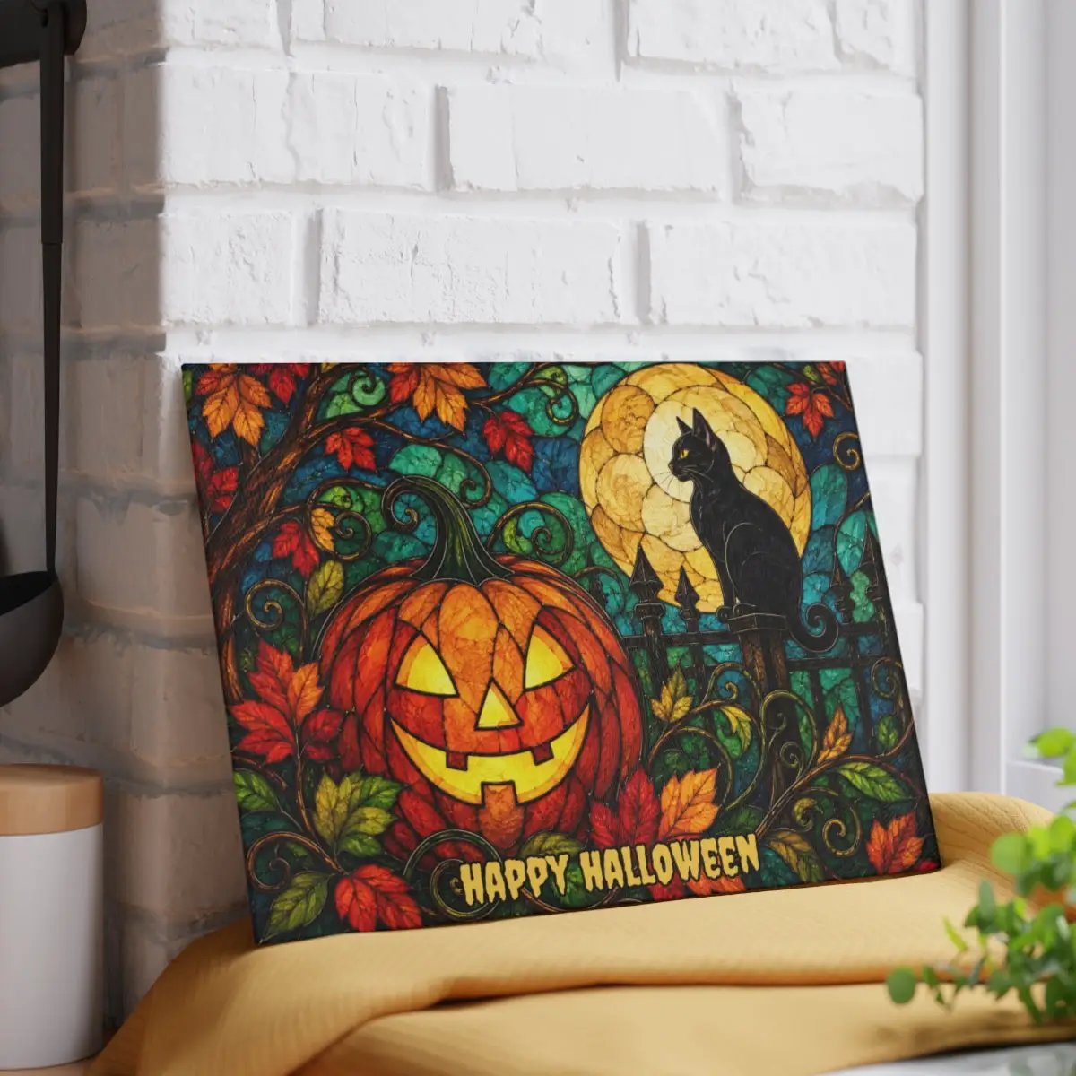 Halloween Black Cat and Jack-O-Lantern Personalized Glass Cutting Board, Spooky Pumpkin Kitchen Decor