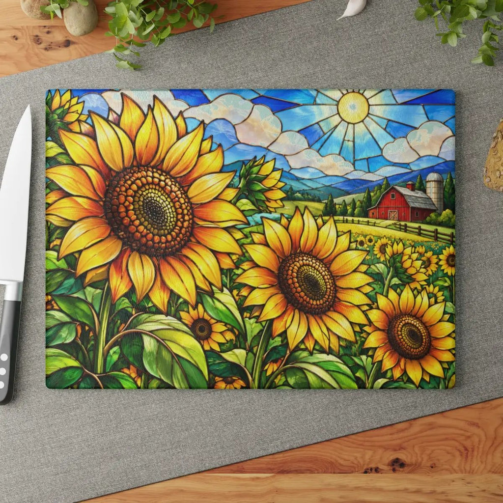 Sunflower Glass Cutting Board, Farmhouse Kitchen Decor, Country Sunflower Chopping Board, Stained Glass Floral Gift, Housewarming Gift