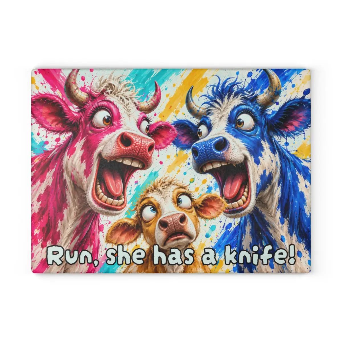 Funny Cow Family Cutting Board, Screaming Cow Kitchen Decor, Colorful Farmhouse Gift, Cow Lover Glass Cutting Board