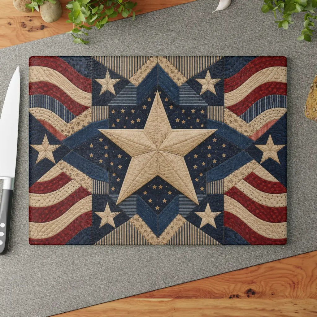 Patriotic Quilt Cutting Board, American Flag Glass Cutting Board, Americana Star Kitchen Decor, Quilter Gift, Red White Blue Decor