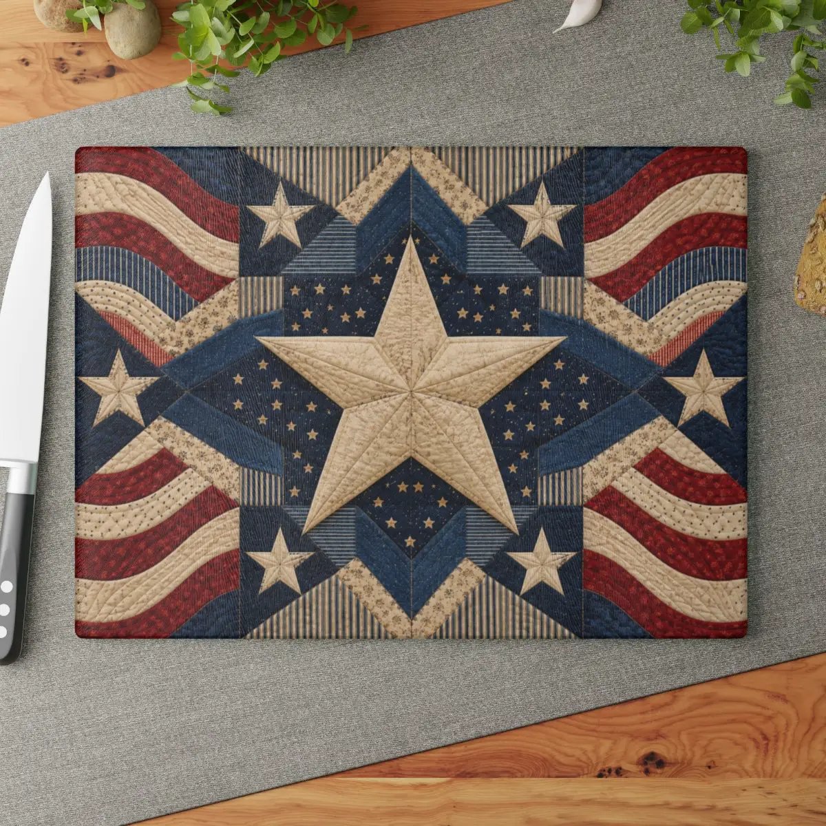 Patriotic Quilt Cutting Board, American Flag Glass Cutting Board, Americana Star Kitchen Decor, Quilter Gift, Red White Blue Decor
