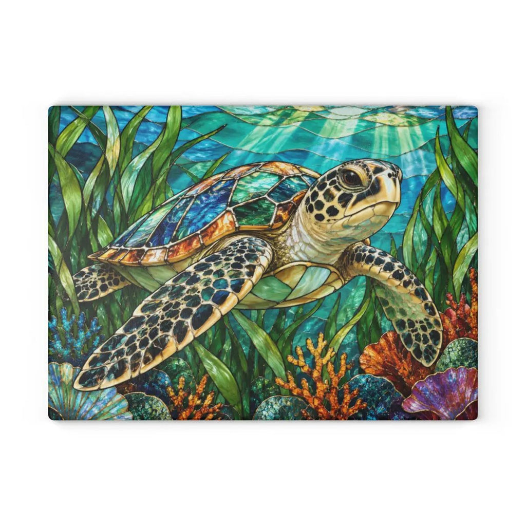 Sea Turtle Glass Cutting Board, Ocean Kitchen Decor, Marine Life Chopping Board, Coastal Cooking Gift, Underwater Turtle Artwork, Coral Reef