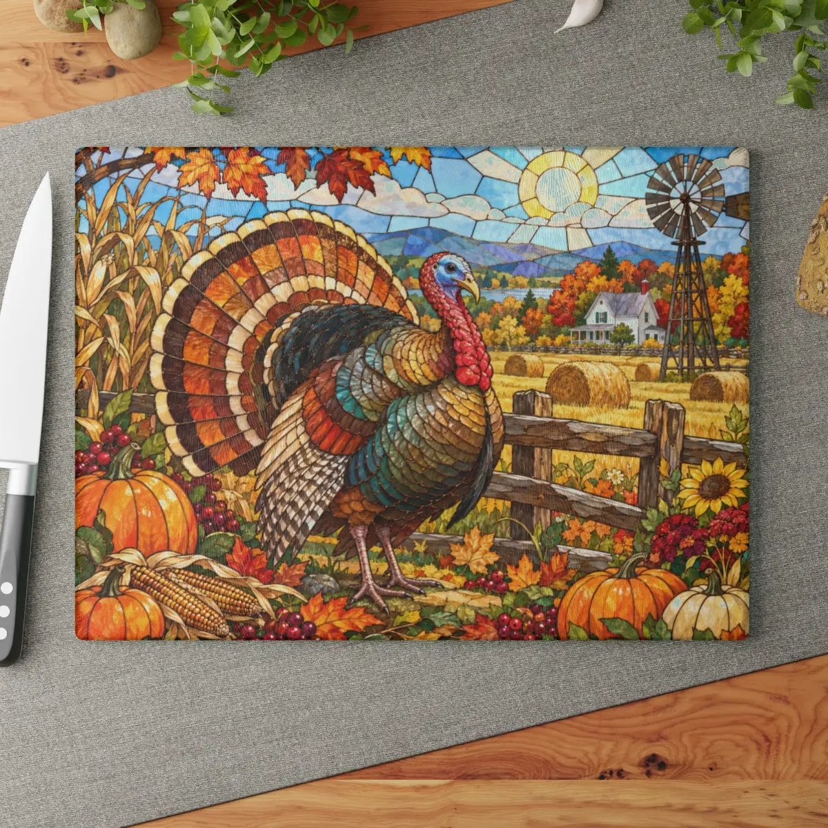 Thanksgiving Turkey Glass Cutting Board, Farmhouse Fall Kitchen Decor, Country Harvest Turkey Cutting Board, Autumn Kitchen Gift